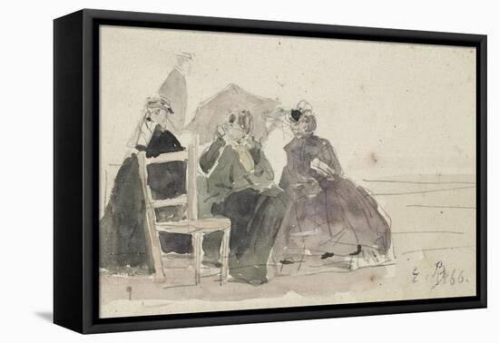 Three Women Seated on Chairs on a Beach-Eugene Louis Boudin-Framed Premier Image Canvas