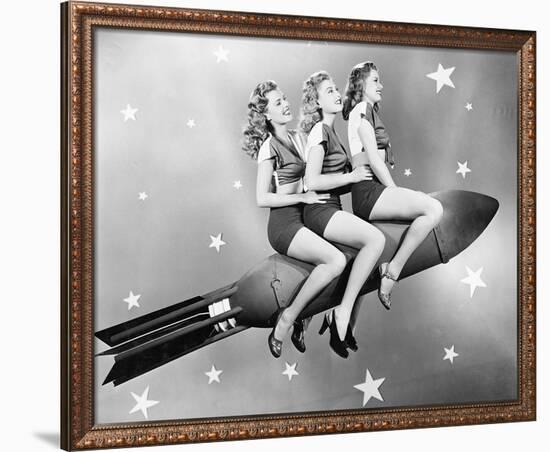 Three Women Sitting on Rocket-null-Framed Premium Giclee Print