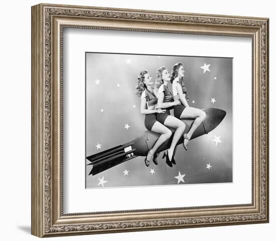 Three Women Sitting on Rocket-null-Framed Art Print