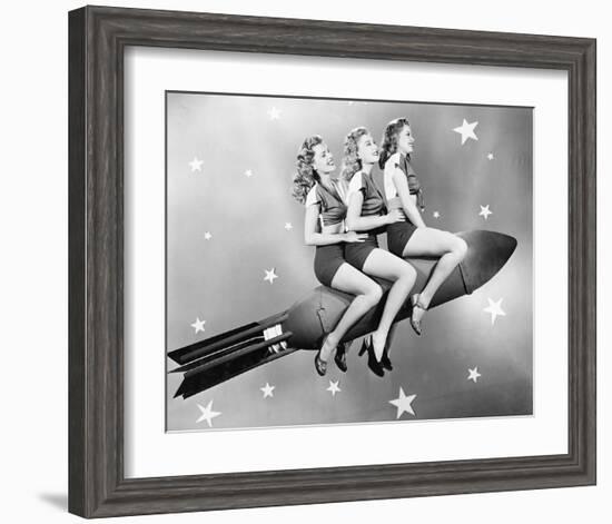 Three Women Sitting on Rocket-null-Framed Art Print