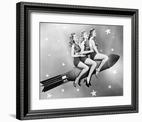 Three Women Sitting on Rocket-null-Framed Art Print