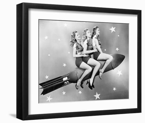 Three Women Sitting on Rocket-null-Framed Art Print