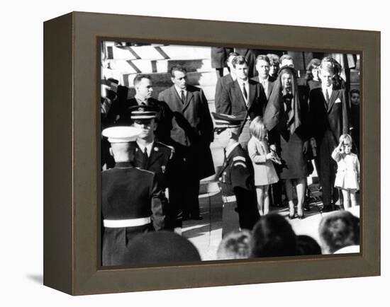 Three Year Old John F Kennedy Jr Salutes His Father's Flag Draped Coffin after Funeral Mass-null-Framed Stretched Canvas