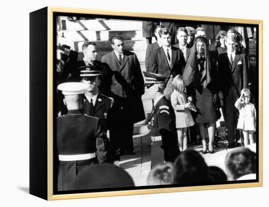 Three Year Old John F Kennedy Jr Salutes His Father's Flag Draped Coffin after Funeral Mass-null-Framed Stretched Canvas