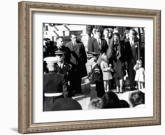 Three Year Old John F Kennedy Jr Salutes His Father's Flag Draped Coffin after Funeral Mass-null-Framed Photo