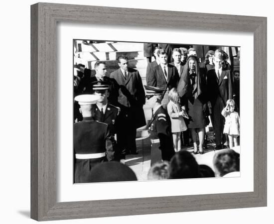 Three Year Old John F Kennedy Jr Salutes His Father's Flag Draped Coffin after Funeral Mass-null-Framed Photo