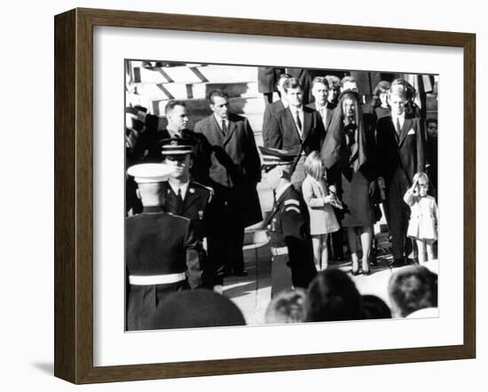 Three Year Old John F Kennedy Jr Salutes His Father's Flag Draped Coffin after Funeral Mass-null-Framed Photo