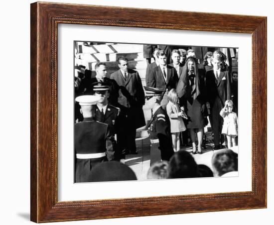 Three Year Old John F Kennedy Jr Salutes His Father's Flag Draped Coffin after Funeral Mass-null-Framed Photo