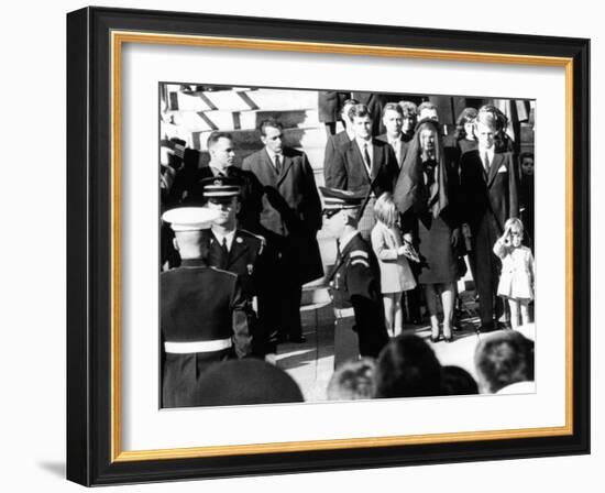 Three Year Old John F Kennedy Jr Salutes His Father's Flag Draped Coffin after Funeral Mass-null-Framed Photo