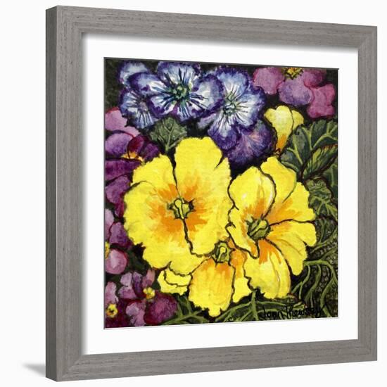 Three Yellow Primroses Surrounded by Mauve and Purple Primroses and Leaves (Watercolour)-Joan Thewsey-Framed Giclee Print