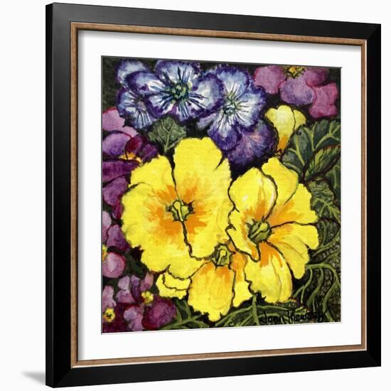 Three Yellow Primroses Surrounded by Mauve and Purple Primroses and Leaves (Watercolour)-Joan Thewsey-Framed Giclee Print