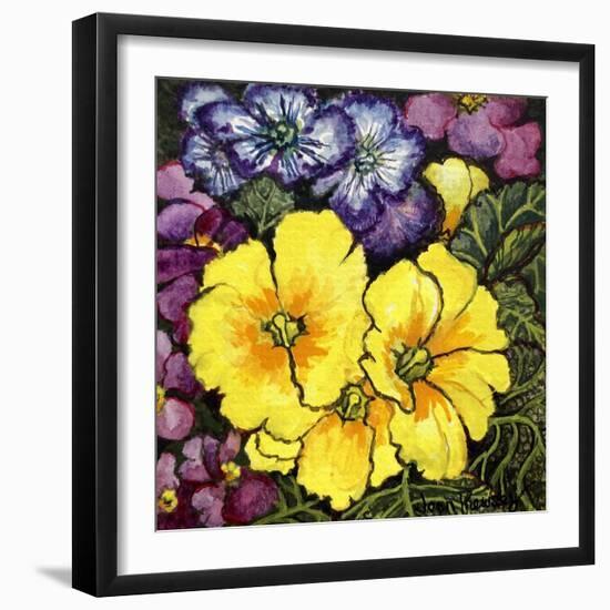 Three Yellow Primroses Surrounded by Mauve and Purple Primroses and Leaves (Watercolour)-Joan Thewsey-Framed Giclee Print