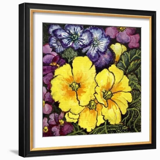 Three Yellow Primroses Surrounded by Mauve and Purple Primroses and Leaves (Watercolour)-Joan Thewsey-Framed Giclee Print