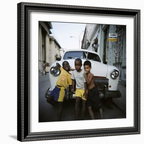 Three Young Boys Posing Against Old White American Car, Havana, Cuba, West Indies, Central America-Lee Frost-Framed Photographic Print