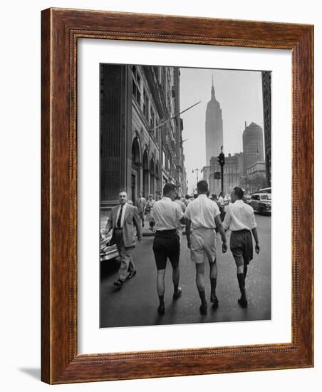 Three Young Businessmen Wearing Bermuda Shorts as They Walk Along Fifth Ave. During Lunchtime-Lisa Larsen-Framed Photographic Print