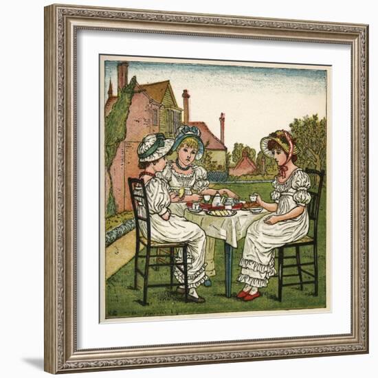 Three Young Girls Having a Tea Party-Kate Greenaway-Framed Art Print