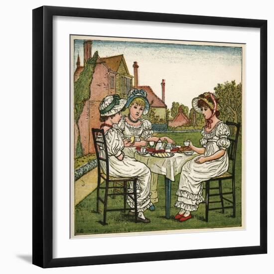 Three Young Girls Having a Tea Party-Kate Greenaway-Framed Art Print