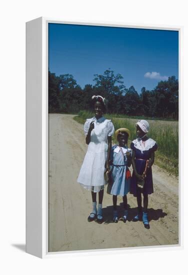 Three Young Girls in Collared Dresses, Edisto Island, South Carolina, 1956-Walter Sanders-Framed Premier Image Canvas