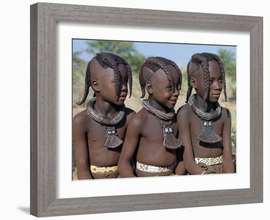 Three Young Girls, their Bodies Lightly Smeared with Red Ochre Mixture, Namibia-Nigel Pavitt-Framed Photographic Print