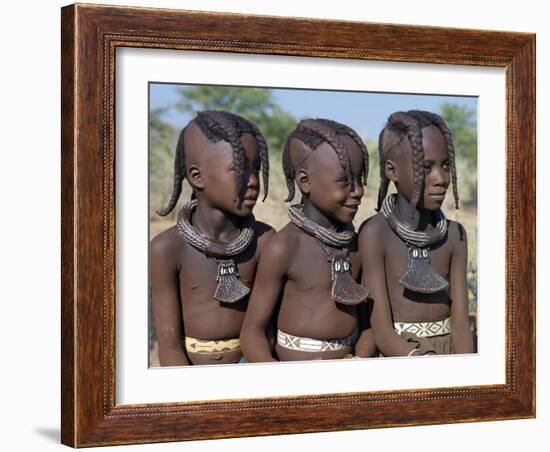 Three Young Girls, their Bodies Lightly Smeared with Red Ochre Mixture, Namibia-Nigel Pavitt-Framed Photographic Print