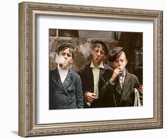 Three Young Newsboys Smoking, Saint Louis, Missouri, Usa, 1910 (Colouredphoto)-Lewis Wickes Hine-Framed Giclee Print