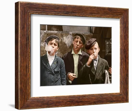 Three Young Newsboys Smoking, Saint Louis, Missouri, Usa, 1910 (Colouredphoto)-Lewis Wickes Hine-Framed Giclee Print