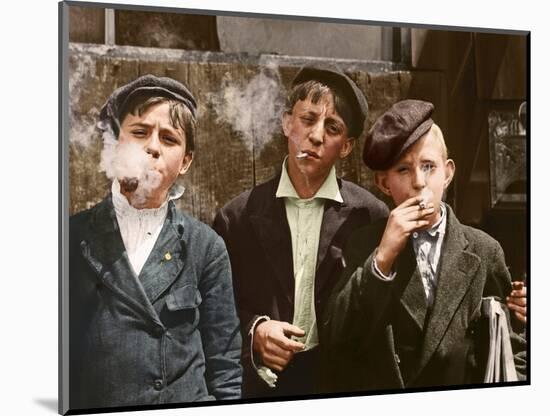 Three Young Newsboys Smoking, Saint Louis, Missouri, Usa, 1910 (Colouredphoto)-Lewis Wickes Hine-Mounted Giclee Print