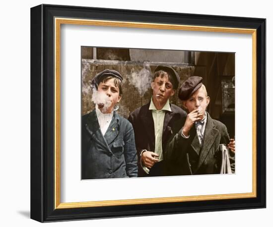 Three Young Newsboys Smoking, Saint Louis, Missouri, Usa, 1910 (Colouredphoto)-Lewis Wickes Hine-Framed Giclee Print