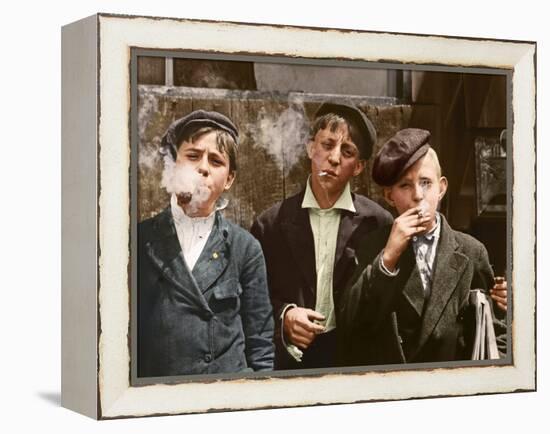 Three Young Newsboys Smoking, Saint Louis, Missouri, Usa, 1910 (Colouredphoto)-Lewis Wickes Hine-Framed Premier Image Canvas