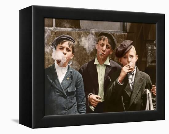 Three Young Newsboys Smoking, Saint Louis, Missouri, Usa, 1910 (Colouredphoto)-Lewis Wickes Hine-Framed Premier Image Canvas