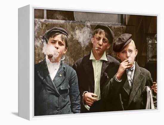 Three Young Newsboys Smoking, Saint Louis, Missouri, Usa, 1910 (Colouredphoto)-Lewis Wickes Hine-Framed Premier Image Canvas