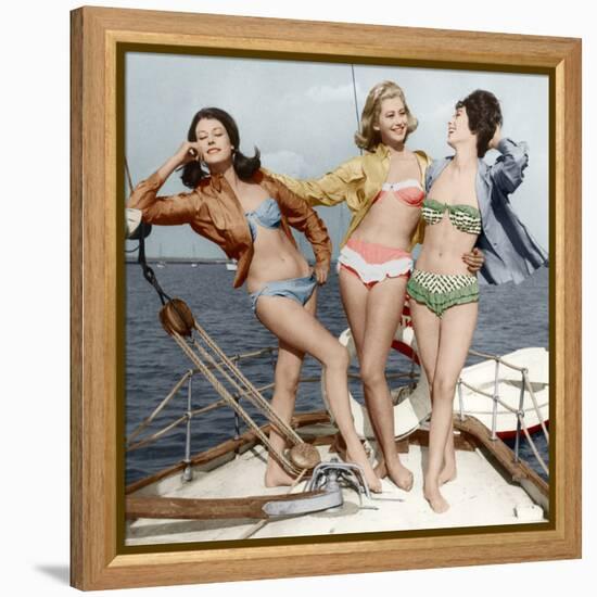 Three Young Women Wearing Bikinis Late 50's - Early 60's Colourized Document-null-Framed Stretched Canvas