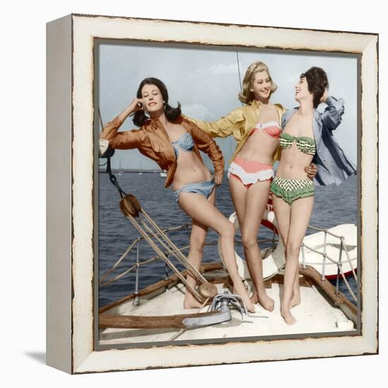 Three Young Women Wearing Bikinis Late 50's - Early 60's Colourized Document-null-Framed Stretched Canvas