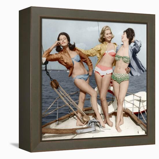 Three Young Women Wearing Bikinis Late 50's - Early 60's Colourized Document-null-Framed Stretched Canvas