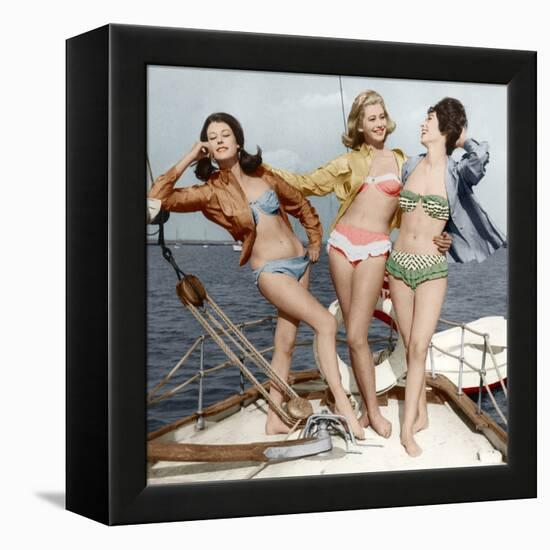 Three Young Women Wearing Bikinis Late 50's - Early 60's Colourized Document-null-Framed Stretched Canvas