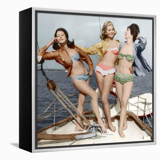 Three Young Women Wearing Bikinis Late 50's - Early 60's Colourized Document-null-Framed Stretched Canvas