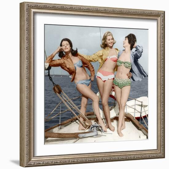 Three Young Women Wearing Bikinis Late 50's - Early 60's Colourized Document-null-Framed Photo