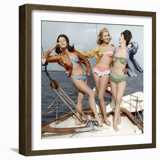 Three Young Women Wearing Bikinis Late 50's - Early 60's Colourized Document-null-Framed Photo