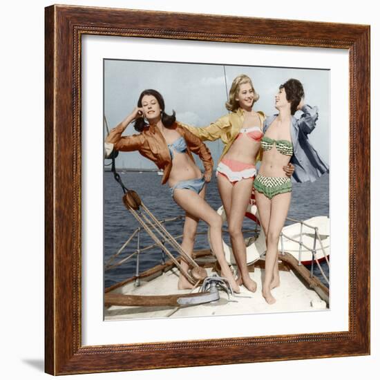 Three Young Women Wearing Bikinis Late 50's - Early 60's Colourized Document-null-Framed Photo