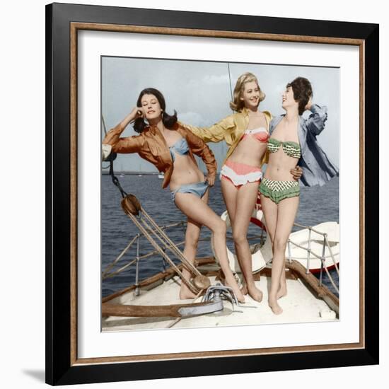 Three Young Women Wearing Bikinis Late 50's - Early 60's Colourized Document-null-Framed Photo