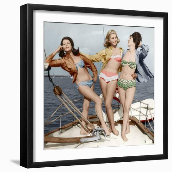 Three Young Women Wearing Bikinis Late 50's - Early 60's Colourized Document--Framed Photo