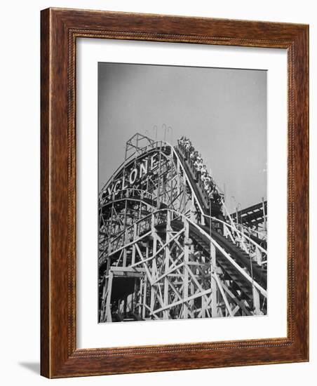 Thrill Seekers at the Top of the Cyclone Roller Coaster at Coney Island Amusement Park-Marie Hansen-Framed Photographic Print