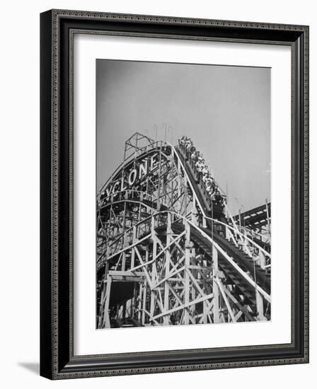 Thrill Seekers at the Top of the Cyclone Roller Coaster at Coney Island Amusement Park-Marie Hansen-Framed Photographic Print