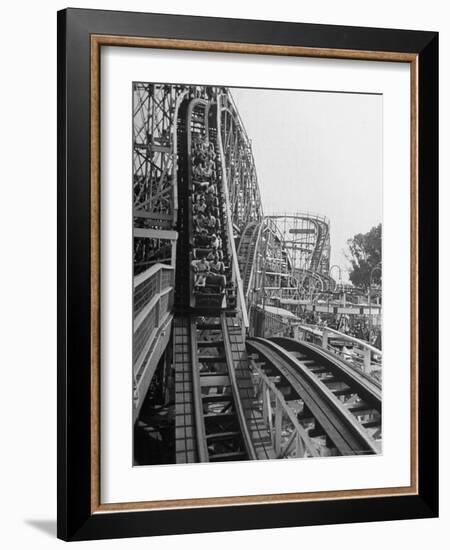 Thrill Seekers Getting a Hair Raising Ride on Cyclone Roller Coaster at Coney Island Amusement Park-Marie Hansen-Framed Photographic Print