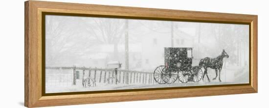 Through a Driving Snow Storm, an Amish Buggy Travels Along a Road in Parkman, Ohio-null-Framed Premier Image Canvas