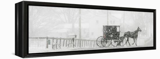 Through a Driving Snow Storm, an Amish Buggy Travels Along a Road in Parkman, Ohio-null-Framed Premier Image Canvas
