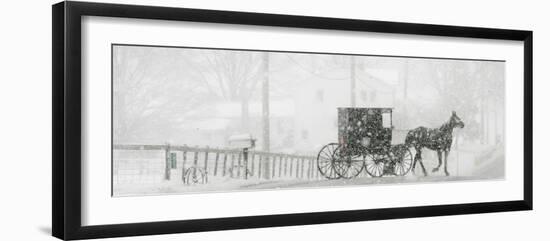 Through a Driving Snow Storm, an Amish Buggy Travels Along a Road in Parkman, Ohio-null-Framed Photographic Print