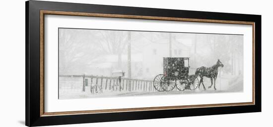 Through a Driving Snow Storm, an Amish Buggy Travels Along a Road in Parkman, Ohio-null-Framed Photographic Print