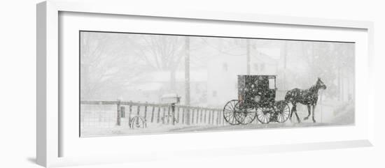 Through a Driving Snow Storm, an Amish Buggy Travels Along a Road in Parkman, Ohio-null-Framed Photographic Print