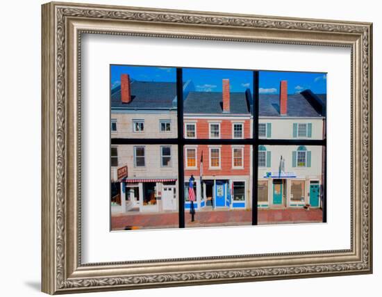 Through interior window pains, storefronts line Water Street in Hallowell, Maine-null-Framed Photographic Print